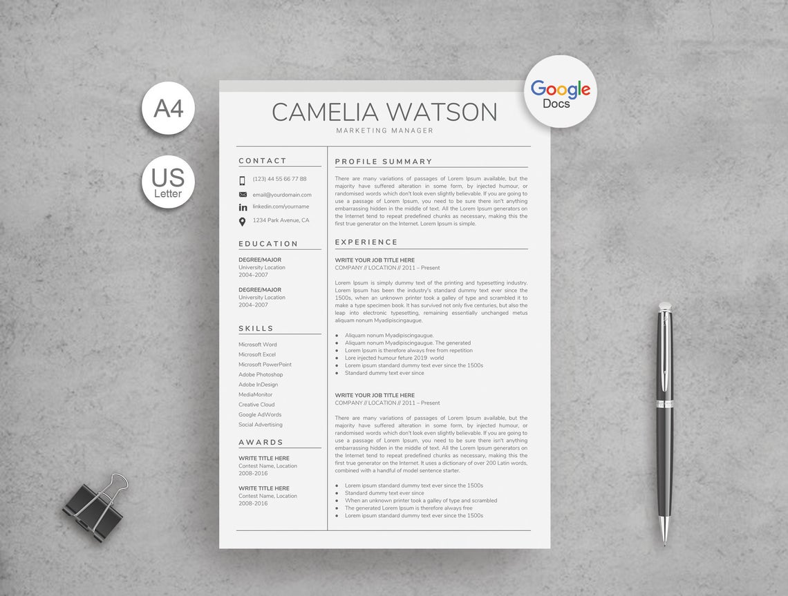 Modern Google Docs Resume Template Instant Download