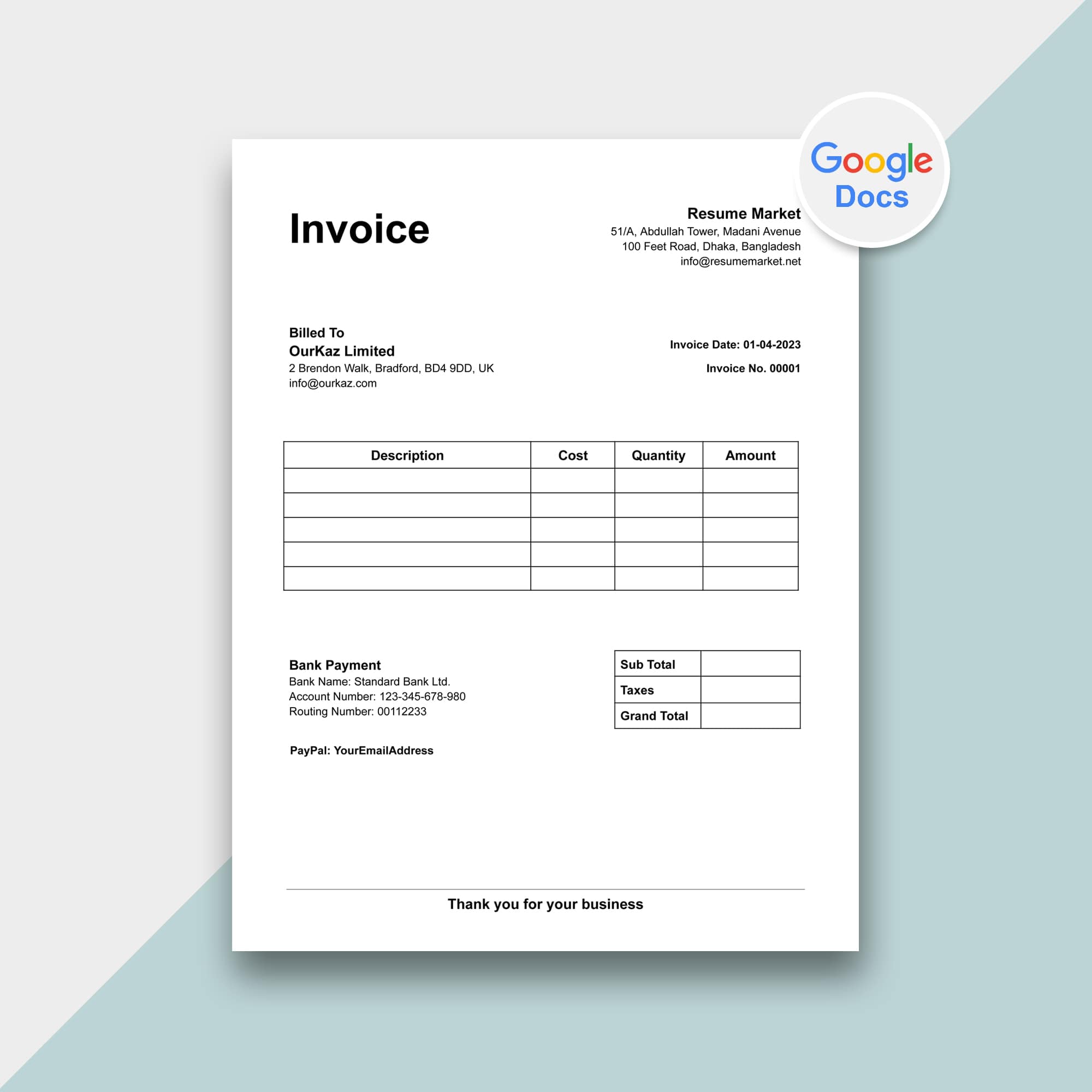 Free Invoice Template for Google Docs